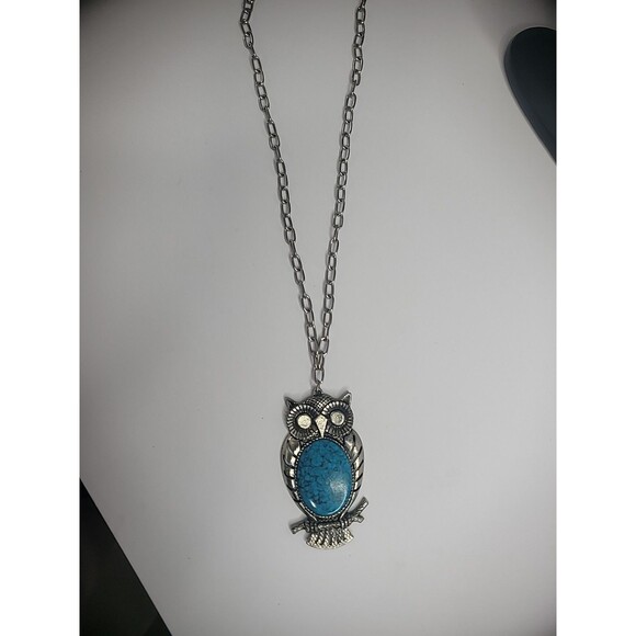 Vintage Silver Tone Owl Pendant Chain Necklace Blue Stone Jewelry Costume - Picture 9 of 12